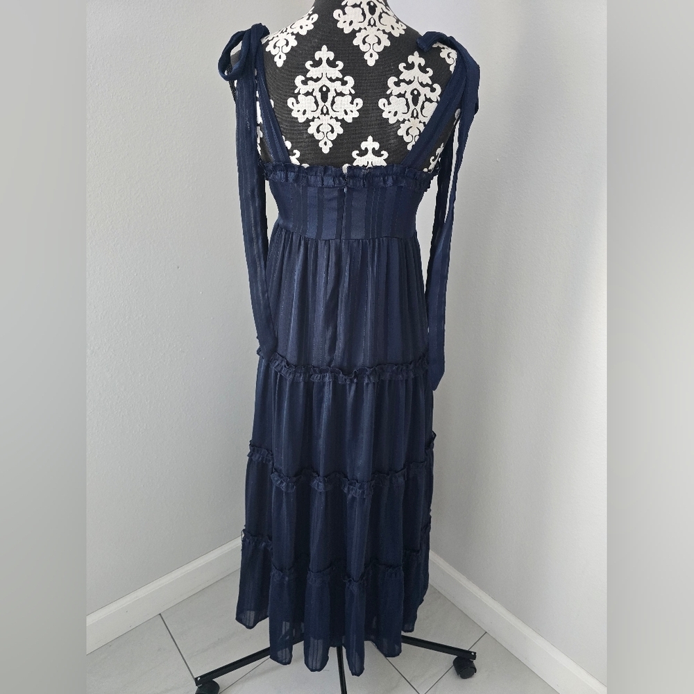 Lulus Day for Romance Navy Blue Tie-Strap Tiered Midi Dress size S - Picture 8 of 16